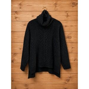 Womens XL Black Metallic Glitter Yarn Cable Knit Turtleneck Oversized Sweater